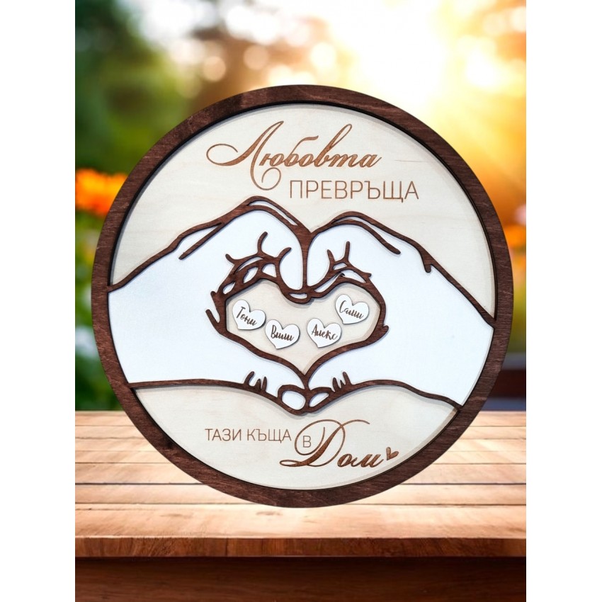 Плакет с ръце подарък за семейство с имена Подарък за нов дом