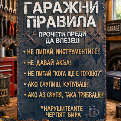 Табела „Гаражни правила“ – оригинална декорация и забавен подарък за майстор