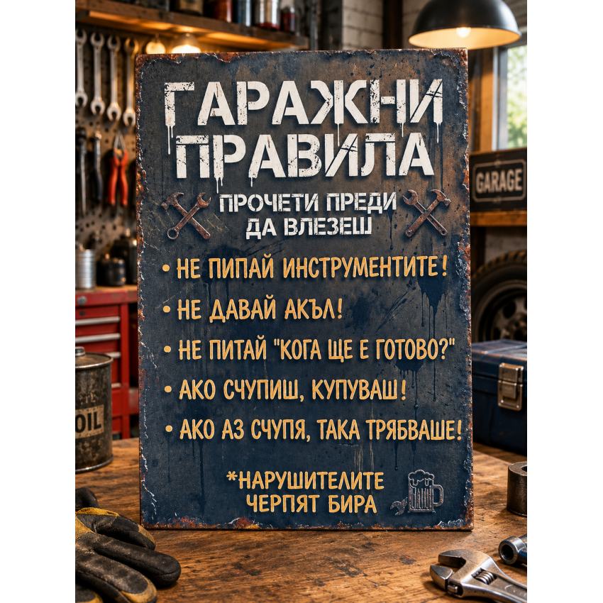 Табела „Гаражни правила“ – оригинална декорация и забавен подарък за майстор
