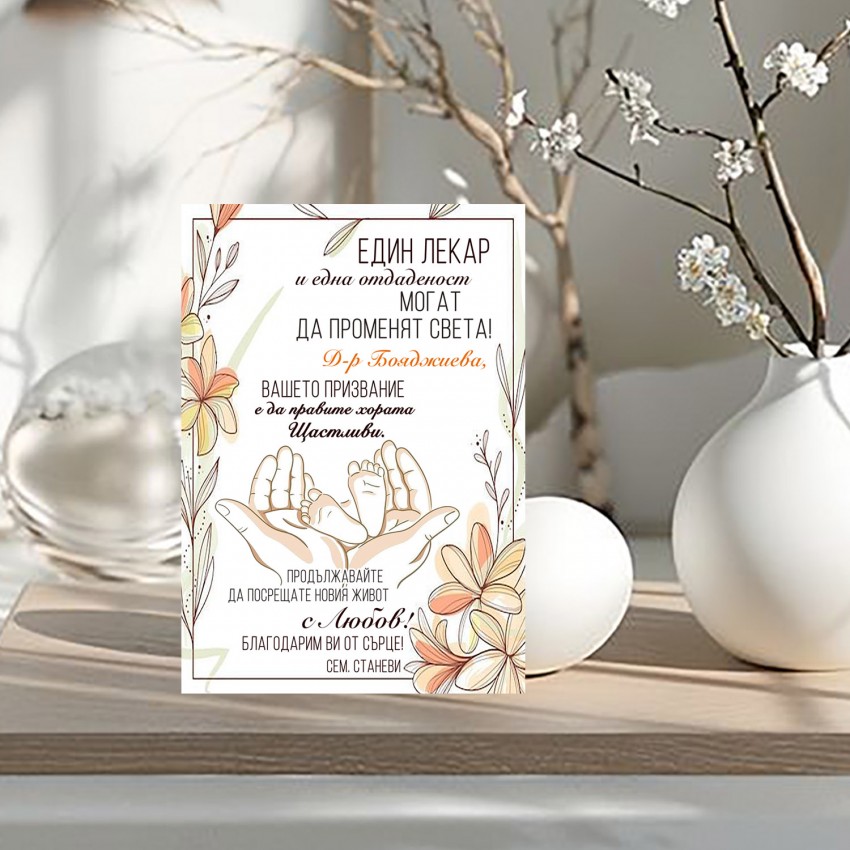 Благодарност към лекар постер крачета в ръце персонален подарък за изписване на бебе