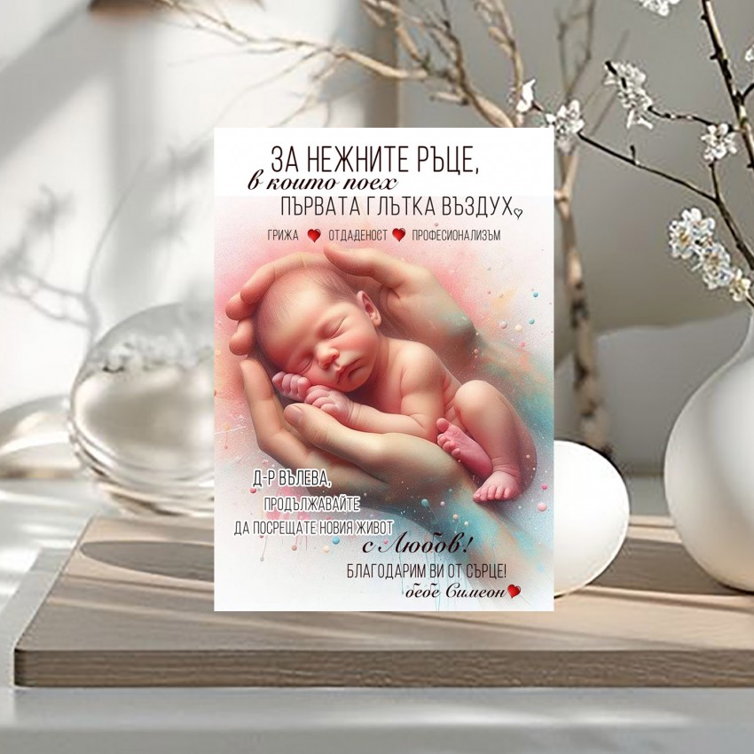 Благодарност към лекар бебе в ръце персонален подарък за изписване на бебе